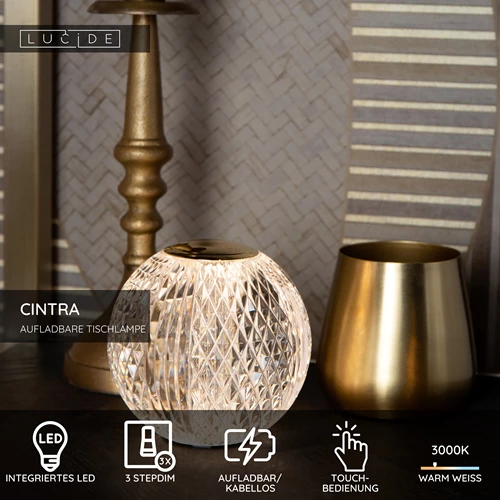 Lucide CINTRA - wiederaufladbare Tischlampe - Akku/Batterie - Ø 9 cm - LED 3 StepDim - 1x1,5W 3000K - Transparent - USP